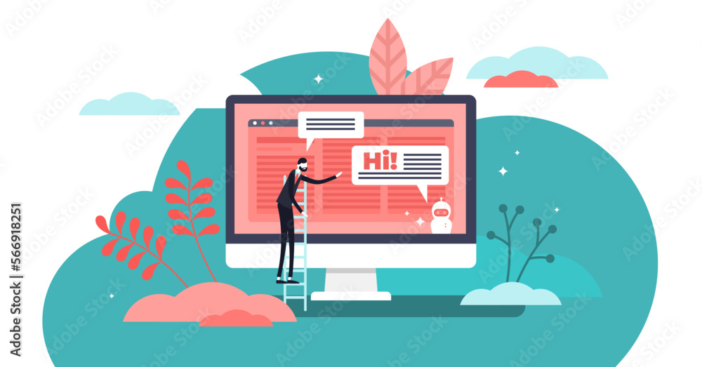 Poster chatbot illustration, transparent background. flat tiny virtual conversation persons concept. ai rob