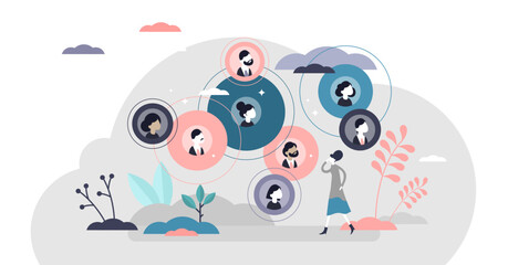 Connected relationships illustration, transparent background. Mutual contacts network in flat tiny persons concept. Social acquaintance team as business partner group.
