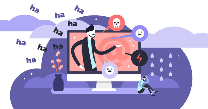 Cyber bullying illustration, transparent background. Flat tiny web violence persons concept. Humiliation, aggressive verbal assault and evil society victim on social media.
