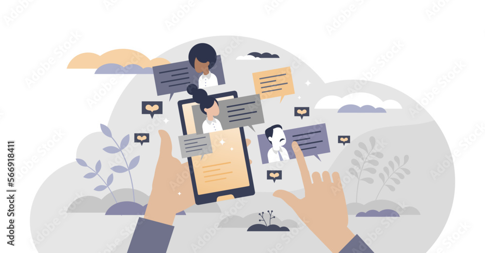 Poster friends virtual talking using online text message tiny person concept, transparent background. digit