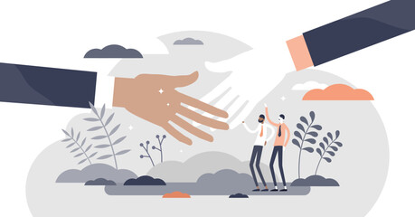 Handshake greeting as business deal communication flat tiny person concept, transparent background. Partner successful agreement gesture illustration. Relationship or trust approval. © VectorMine