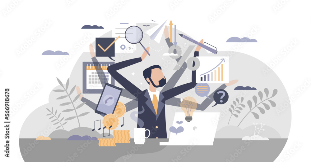 Poster multitasking work and private life as combine many job duties and tasks tiny person concept, transpa