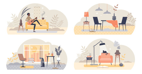 Living room elements and objects with interior view tiny persons concept, transparent background.Cozy home items with furniture, plants and pets illustration.