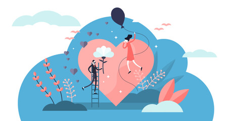Love illustration, transparent background. Flat tiny romance feelings symbols person concept. Abstract flying happiness, marriage and couple relationship visualization.