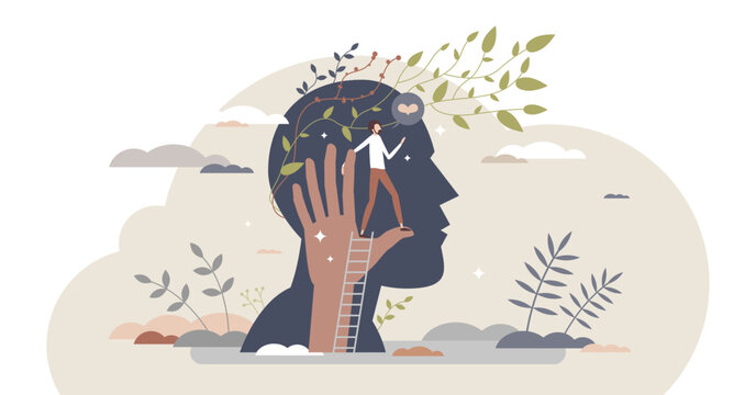 Mental boost and self push as motivation mind power tiny person concept, transparent background. Increase brain efficiency and capability with full psychological potential illustration.
