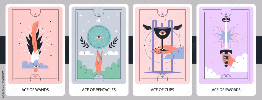 Wall mural the minor arcana ace of wands, pentacles, cups and swords. hand-draw vector illustration. eps 10. - Wall murals