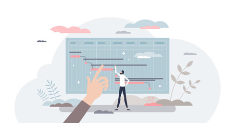 Project milestones tracking and progress period control tiny person concept, transparent background. Timeline chart with tasks and deadline report as visual process flow visualization illustration.