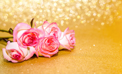 Obraz na płótnie Canvas Pink rose on a shiny gold background 