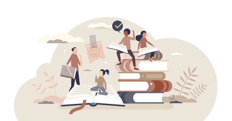 Reading kids with educational books for knowledge growth tiny person concept, transparent background. Children library for school, expand mind horizons and imagination development illustration.