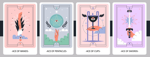 The Minor Arcana ace of wands, pentacles, cups and swords. Hand-draw vector illustration. Eps 10. - obrazy, fototapety, plakaty