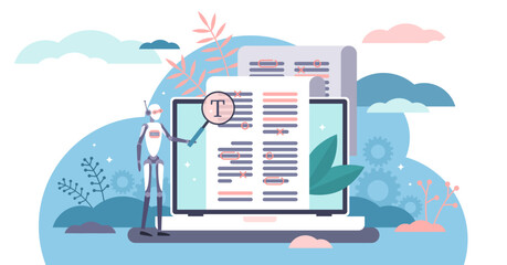 Robot proofreading flat tiny bot person concept illustration, transparent background. Copy writing automation technology. Modern AI algorithm online editing service.
