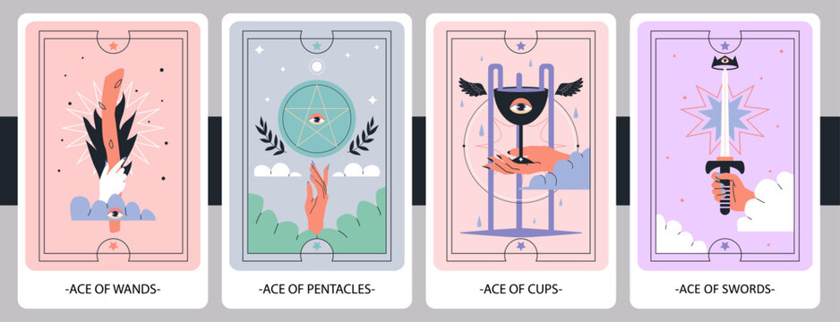 The Minor Arcana ace of wands, pentacles, cups and swords. Hand-draw vector illustration. Eps 10.