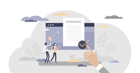 User agreement digital document for legal protection purpose tiny persons concept, transparent background. Pop-up text window with confirm button illustration.