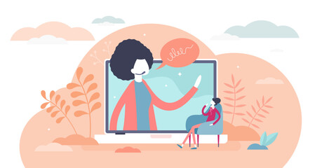Webinar female illustration, transparent background.Online course flat tiny persons concept.Distance seminar with woman lecture and digital school.