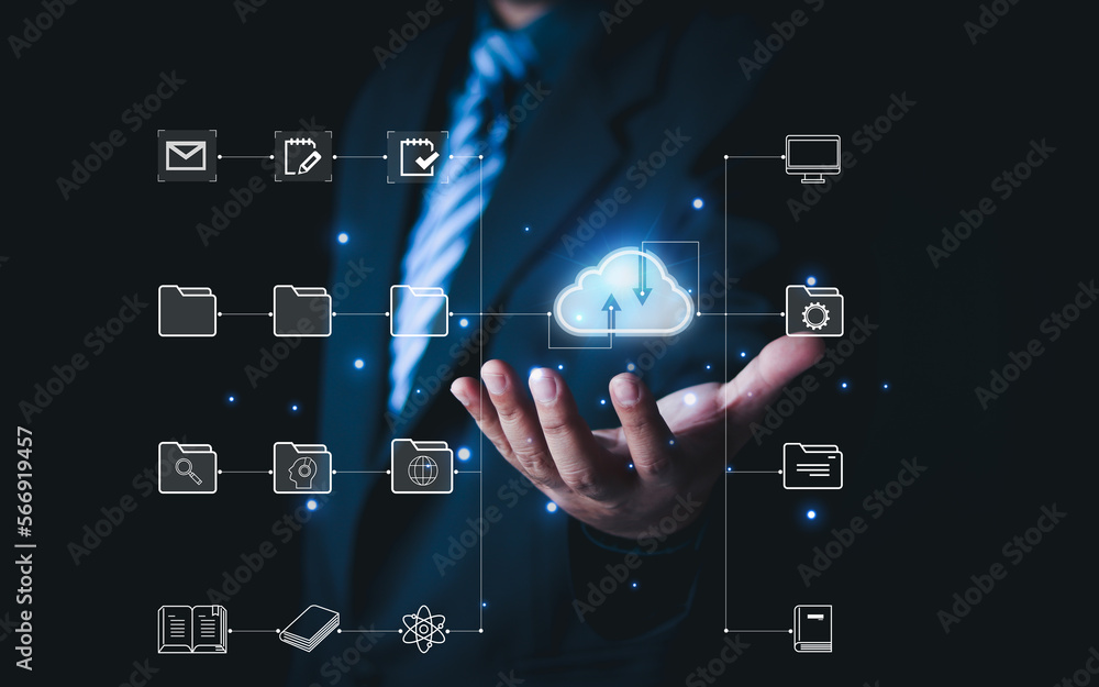 Poster hand holding virtual cloud computing with global internet connection. business global internet conne