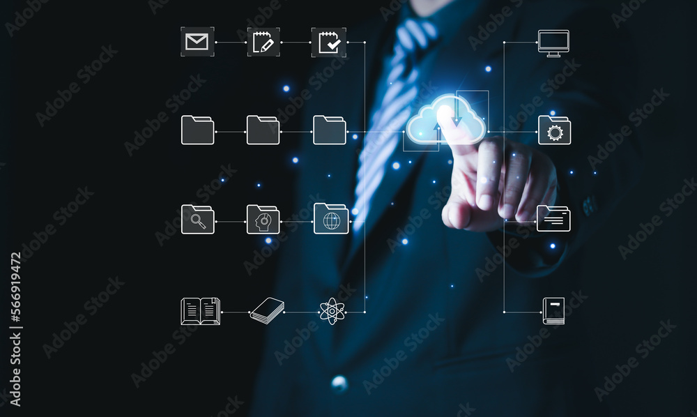 Aufkleber businessman touch on cloud computing diagram show on hand. cloud technology. data storage, data tran