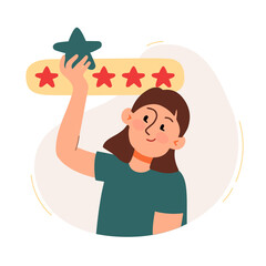 The woman collects feedback on work. The concept of a business idea, startup, organization, brainstorming. Vector illustration isolated on a white background