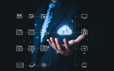 hand holding virtual cloud computing with Global Internet connection. Business global internet connection application technology and access information, database, storage, Digital link tech, big data.