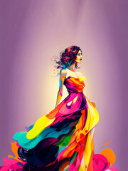 Illustrated drawn beautiful girl in a pompous long vivid color colorful dress. Outfit viva magenta colors on a dark background. Illustration. Generative AI.