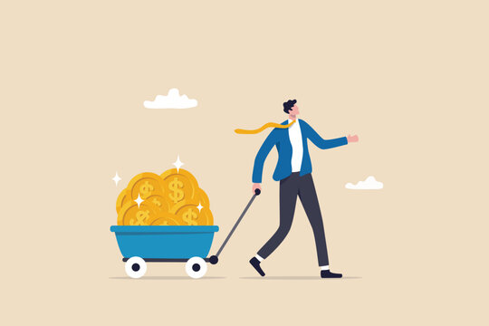 Success investor, rich man making money from business or investment, income and revenue, budget, saving or profit concept, rich and successful businessman with load of money golden coin in cart.