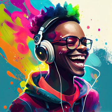 Happy laughing boy with headphones and eyeglasses, abstract colorful illustration. Generative art