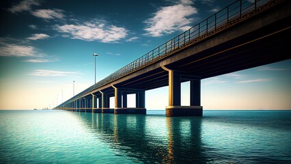 A long bridge over the river, photorealistic illustration. Generative art