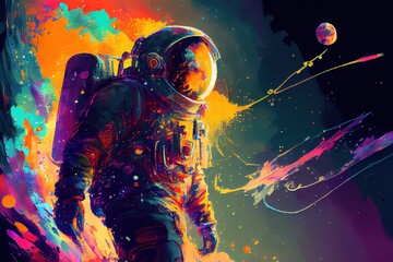 Space explorer, astronaut soaring in outer space. Abstract colorful illustration. Generative art	
