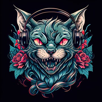 Cat with headphones. Creative flat illustration in tattoo style. Generative art