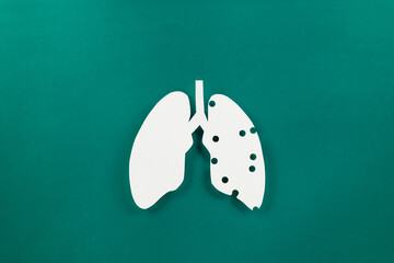 World tuberculosis day. Top view Lungs paper decorative symbol on green background, copy space,...