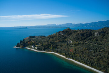 Punta San Vigilio, aerial drone view. Lake Garda scenery, northern Italy.