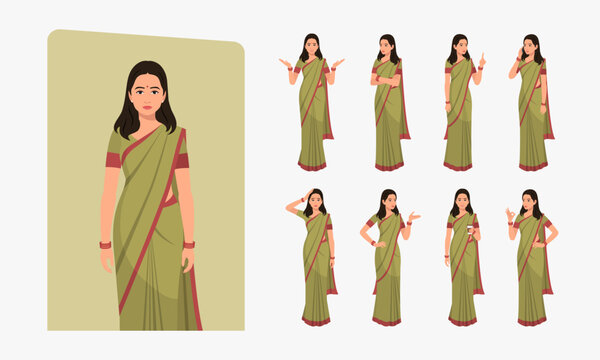 Indian Woman Wearing Saree, Character Different poses and emotions