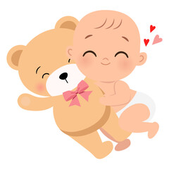 Cute baby hug a bear doll. Flat vector cartoon design
