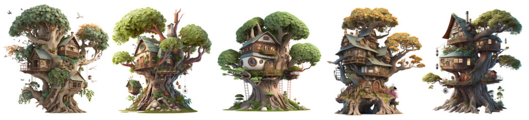 Set of 3D Tree House and Home Design Illustration, Home Design Ideas, Generative Ai