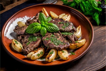 A beautiful dish of grilled meat with potato pieces