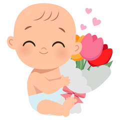 Cute baby with a bouquet of flowers. Flat vector cartoon design