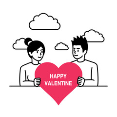 Couple illustration of a man and woman holding a heart and facing each other