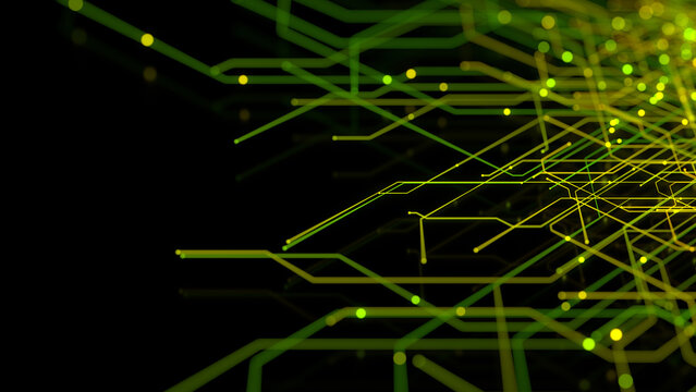 Futuristic Neon Lines form a Technical Grid. Green and Yellow Connectivity Concept.