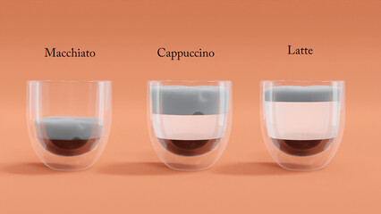 3D illustration of coffee types including macchiato, cappuccino, and latte with different mixing ingredient of ratios of expresso, milk, and milk foam in transparented double wall glass. Episode 2.