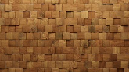Square Tiles arranged to create a Wood wall. Timber, Natural Background formed from 3D blocks. 3D Render