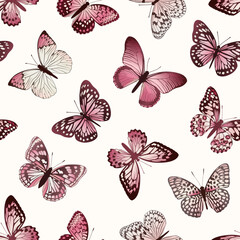 Pattern with butterflies. Pink butterflies on a white background.