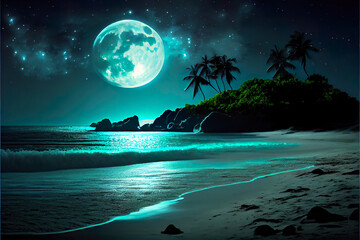 tropical beach at night with moon and sea - obrazy, fototapety, plakaty