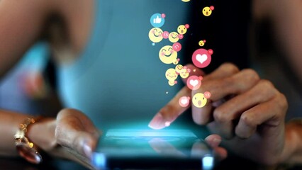 women receive likes social media network application. Animation like icons emotion Social, love, success, wow, laugh, delighted, pleased, happy, influencer concept animation - Powered by Adobe