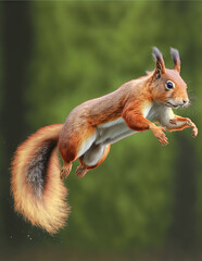 sciurus vulgaris jumping, squirrel - Generative AI - obrazy, fototapety, plakaty