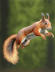Fotobehang sciurus vulgaris jumping, squirrel - Generative AI © Florian