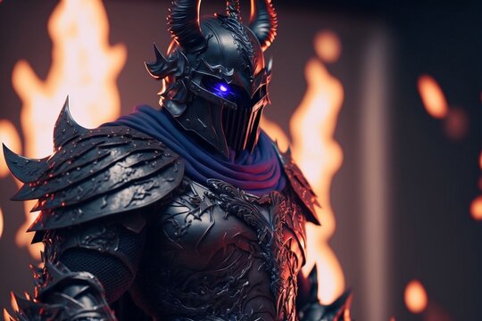 dark evil corrupt male knight with helmet and demonic weapon. generative AI