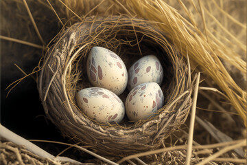 Naklejka na ściany i meble close up with four fresh eggs in the nest of dry grass