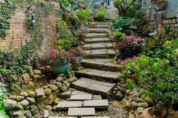 Steps in the garden. A restaurant in Dalat in Vietnam. 