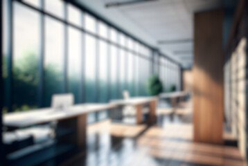 Blurred office workspace in the evening , interior workplace with cityscape for business presentation background, AI generated