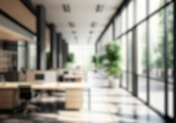 Blurred office workspace in the evening , interior workplace with cityscape for business presentation background, AI generated - obrazy, fototapety, plakaty