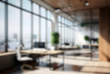 Blurred office workspace in the evening , interior workplace with cityscape for business presentation background, AI generated